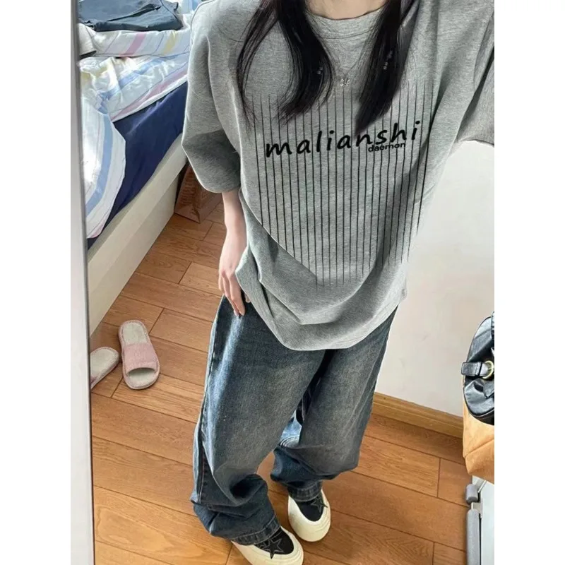 

Pure Cotton American Retro T-shirts for Men and Women Summer O-neck Short Sleeves Loose Striped Print Fashionable Couple Tees