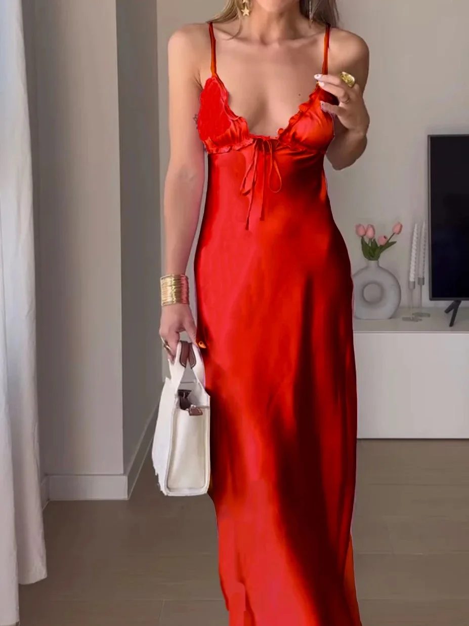 2024 Summer Laminated Decorative Satin Texture Sling V-neck Dress Women Backless Red Long Party Dress Chic Female Evening Mujer