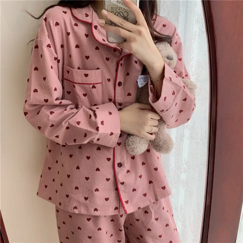 

Women's Two-Piece Set Of Fashionable Heart-Shaped Printed Long Sleeved Pants Home Wear Comfortable Spring Autumn Home Wear