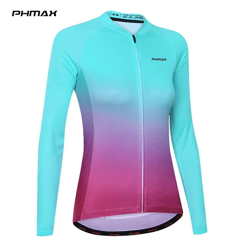 PHMAX Cycling Jersey Woman Long Sleeves Mountain Bike MTB Shirts with Zippers Pockets Spring Breathable Bicycle Clothing