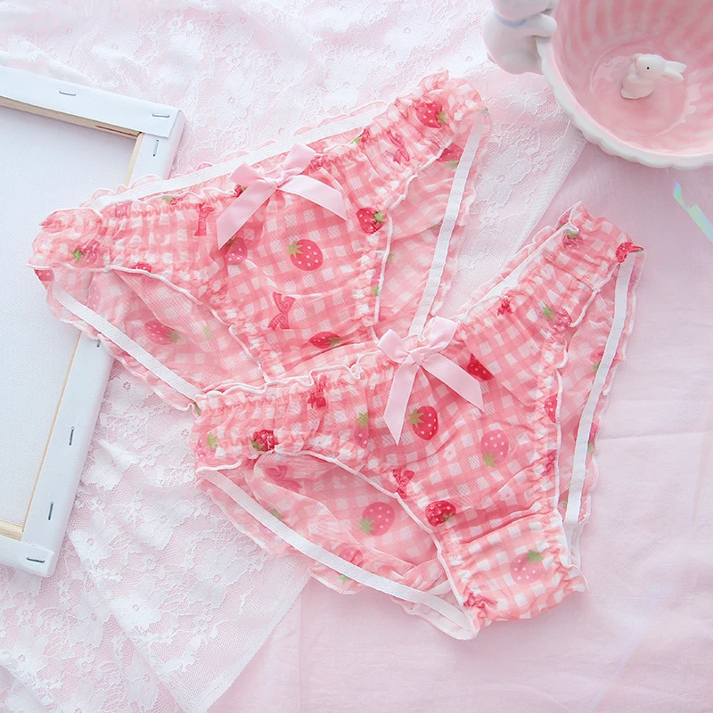 Śliczna uczennica truskawkowe majtki seksowna siateczkowa bielizna oddychająca japońska Kawaii Lolita bielizna intymna Femme stringi
