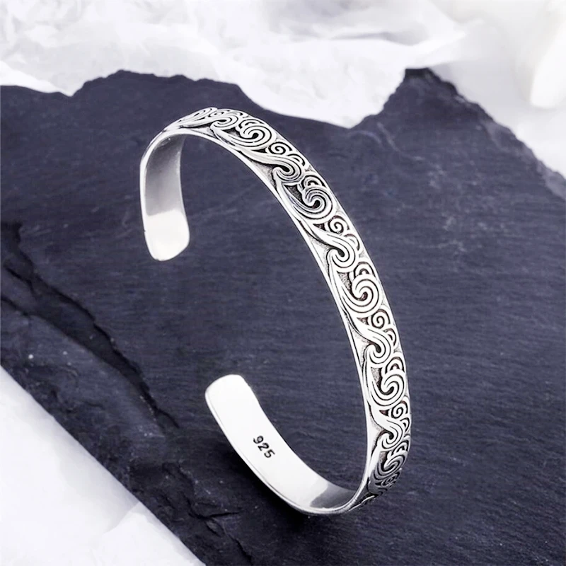 WYEAIIR 925 Sterling Silver Retro Spray Wave Fine Jewelry Luxury Resizable Opening Female Bangle