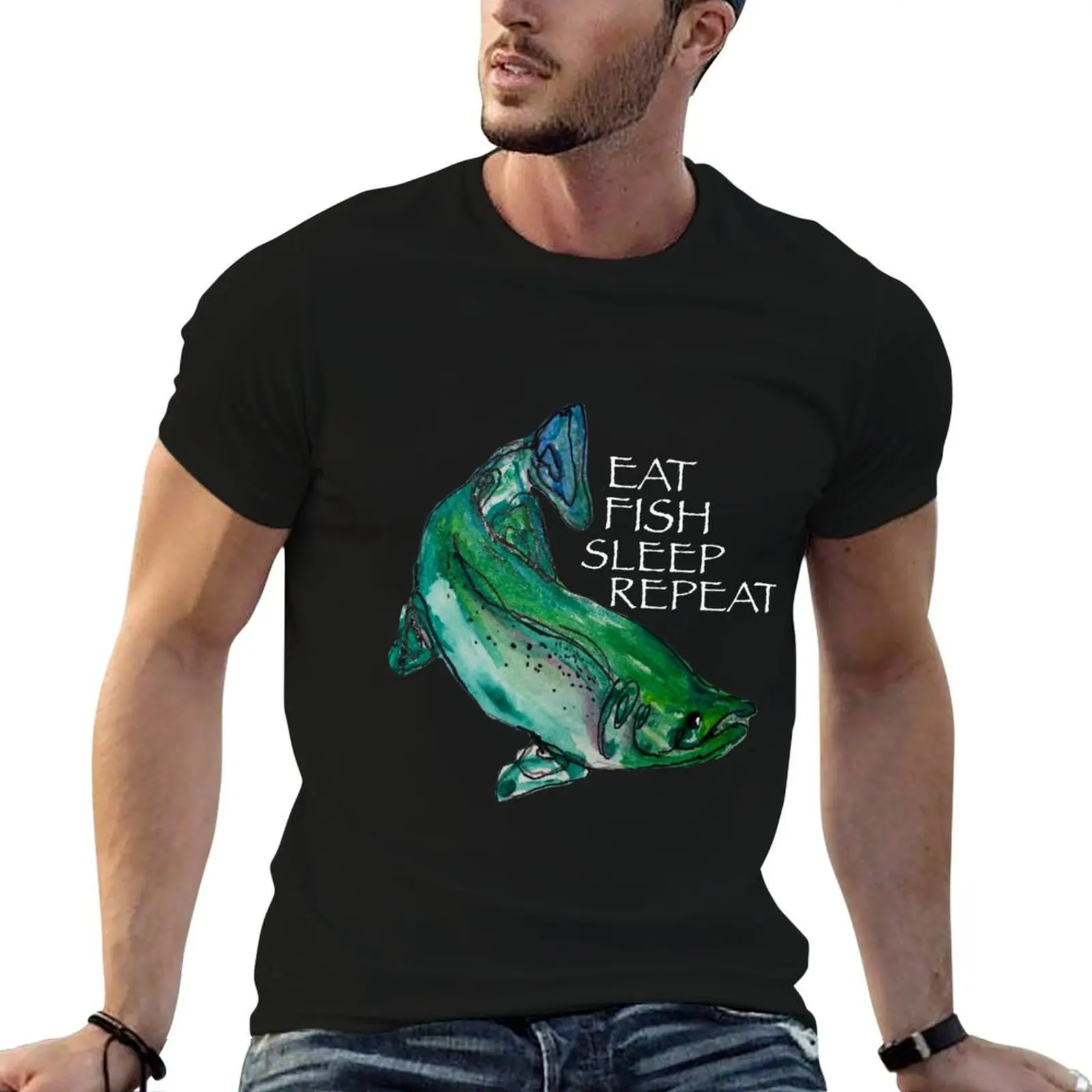 Eat Fish Sleep Repeat (white words) T-Shirt Holiday Party T-Shirt for Men
