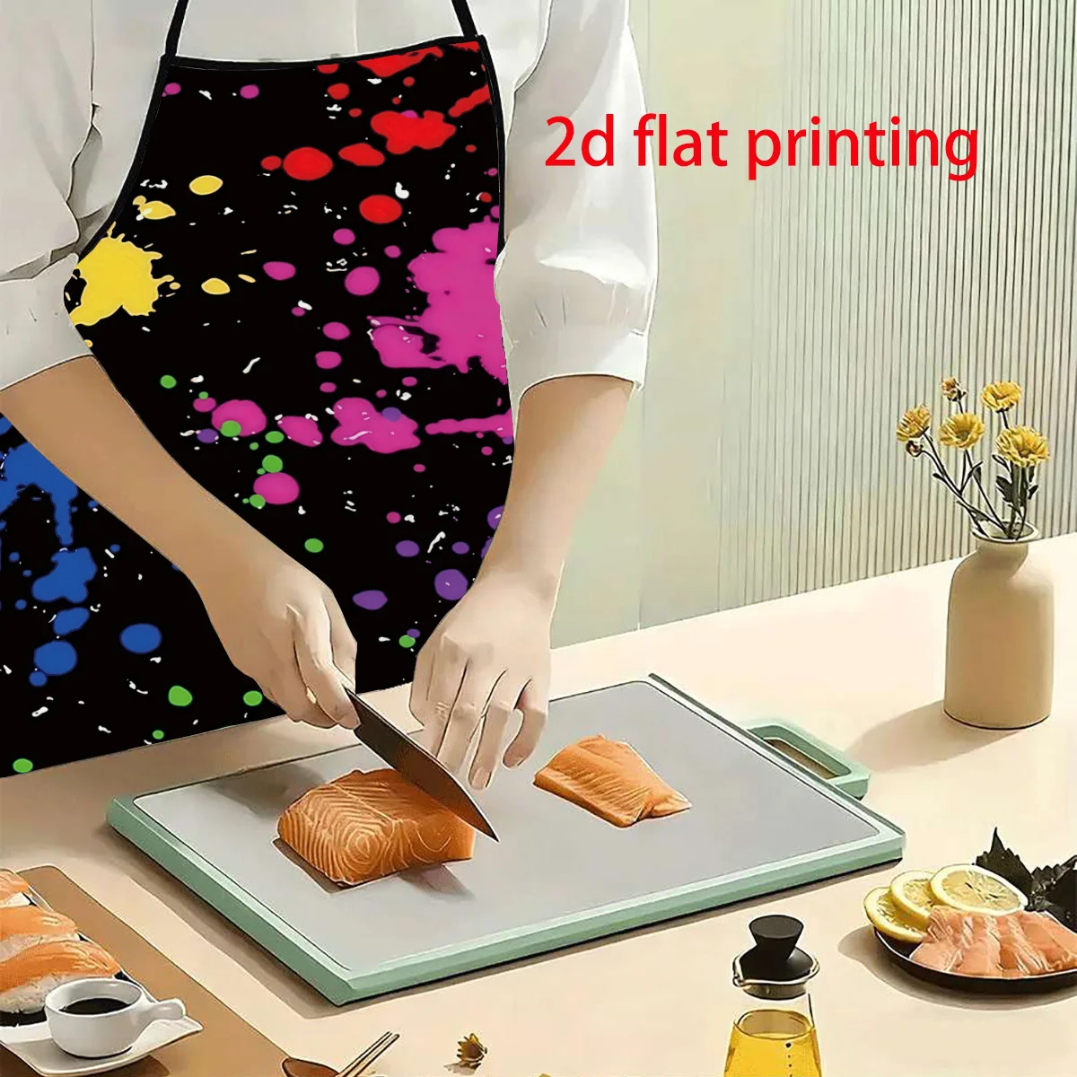 1PC 2D Flat Apron With Colorful Ink Splatter Print,Adjustable Waistband,Unisex Kitchen Apron,Durable Easy To Clean,Ideal For C