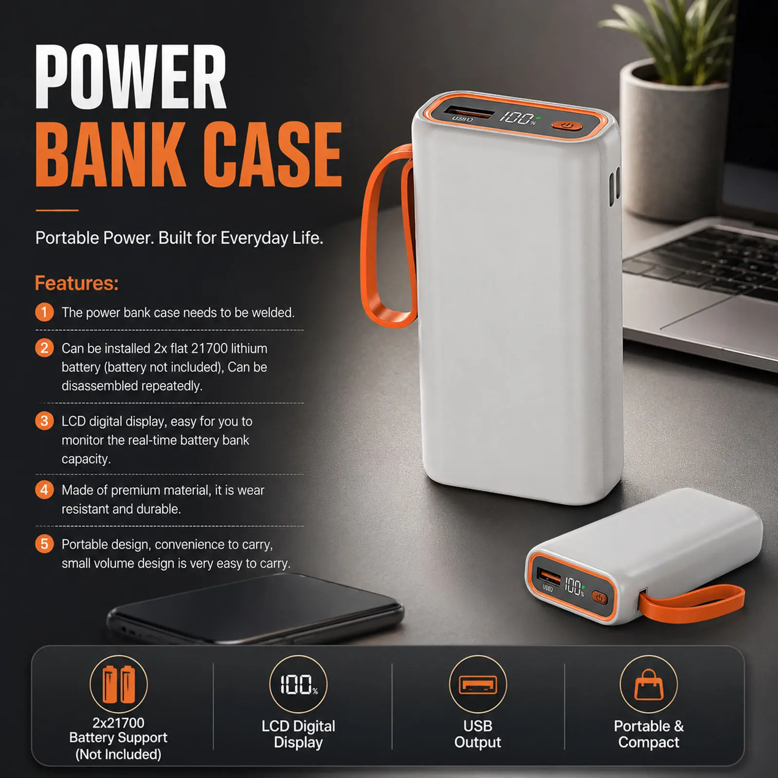 USB Type C Power Bank Shell 5V DIY 2Slot 21700 Battery Charge Storage Box Welded Fast Charging Case With LCD Digital Display