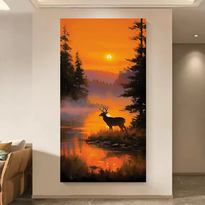 The Stag Pauses By Lakeside Sunset Landscape Nature Poster and Prints Canvas Painting Wall Art Pictures Home Decor Cuadros