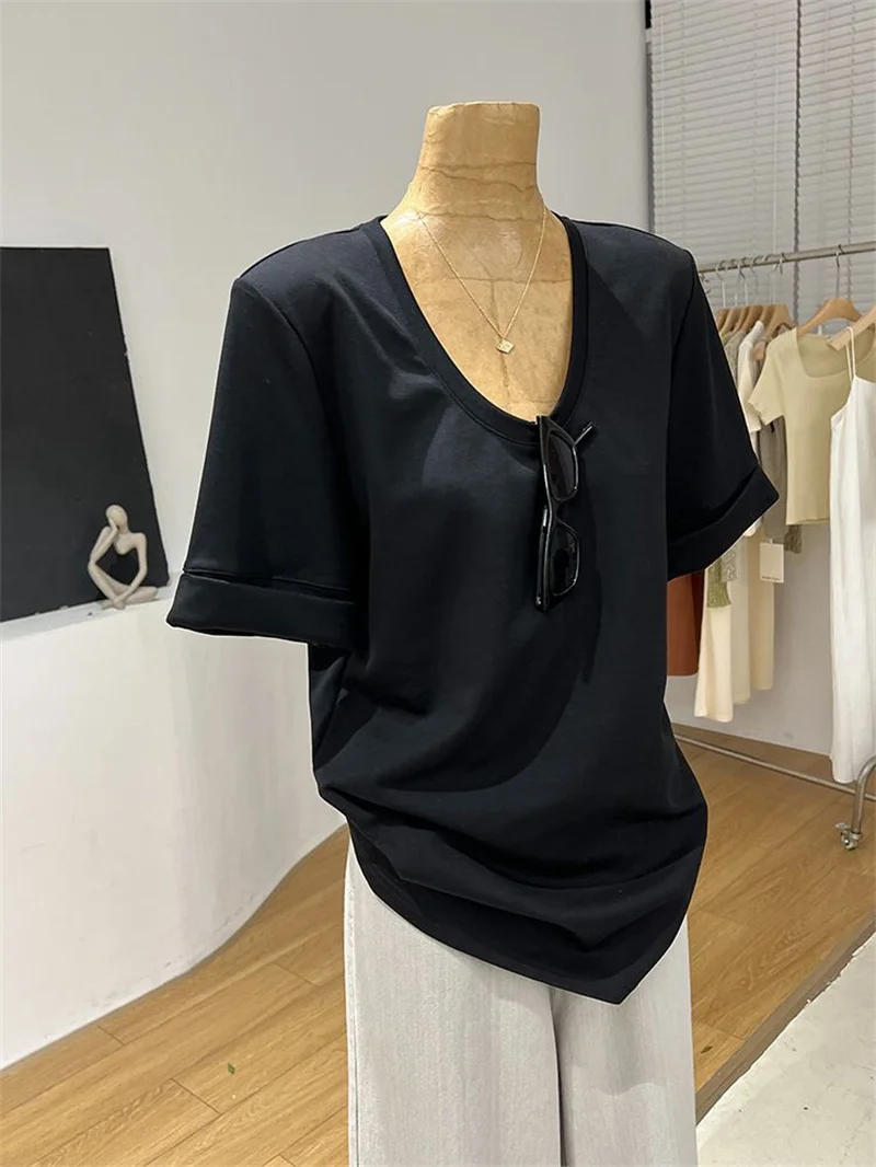 

Korean Sle mat Versatile White T-irt ort Sve U-Ne Design Summer Faion Top Women's Commute Pure Color irt
