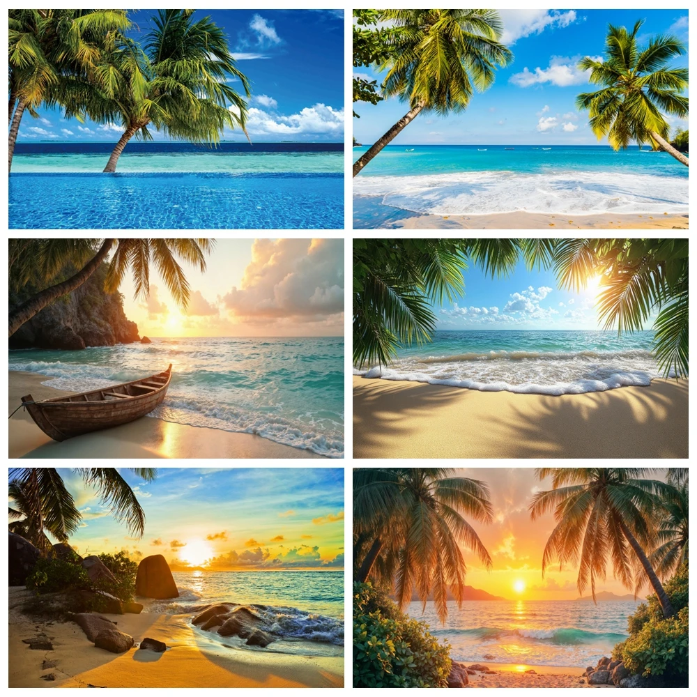 夏の海辺の写真の背景,ビーチの青い空,日没,熱帯のヤシの木,結婚式,誕生日パーティー,写真の背景,スタジオ