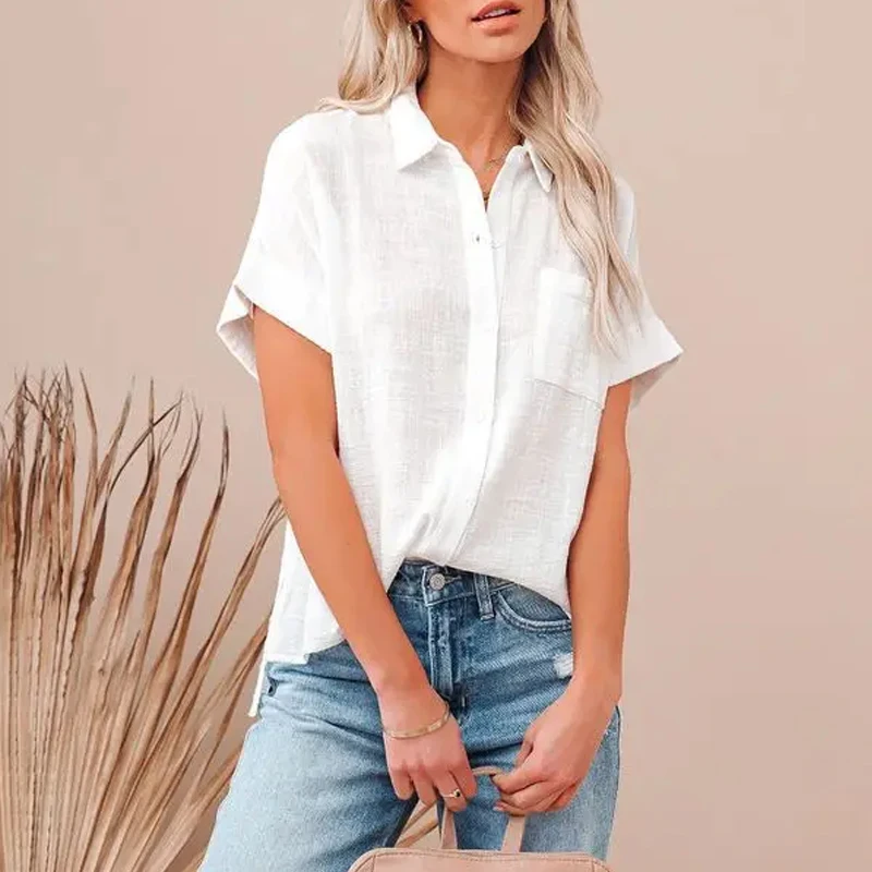 Summer Cotton Linen White Shirt Women Short Sleeve Casual Tops Ladies Elegant Blouses Short Sleeve Summer Shirts for Women 21929