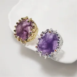 FUWO Jewelry One Piece Luxury Natural Amethyst Ring,Golden/Silver Plated Colourful Zircon Adjusbable Rings For Women RG057A