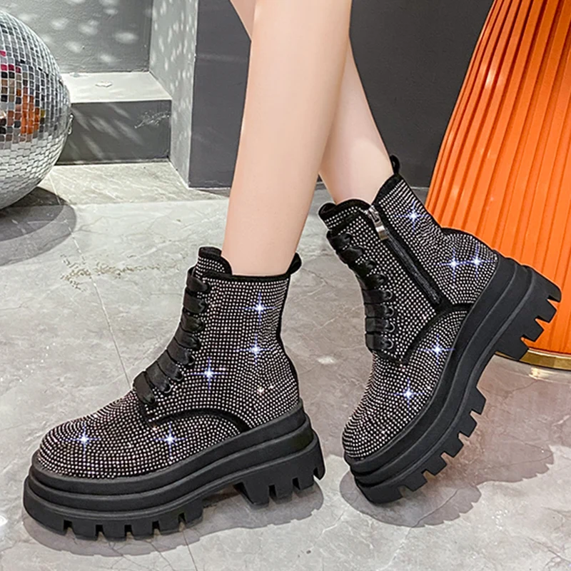 Crystal Flats Platform Ankle Boots Women Shoes Dress Fashion New 2024 Winter Casual Women Shoes Comort Warm Chaussures Femme