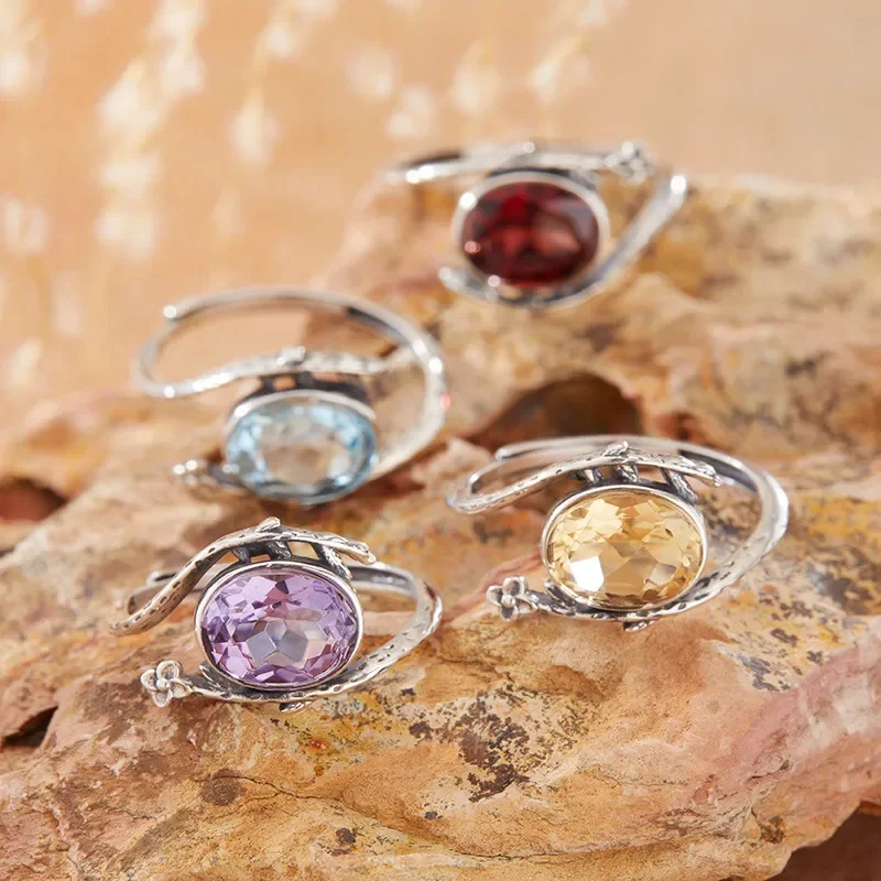 Natural color treasure amethyst citrine Thai silver ring women's s925 sterling silver topaz garnet index finger ring
