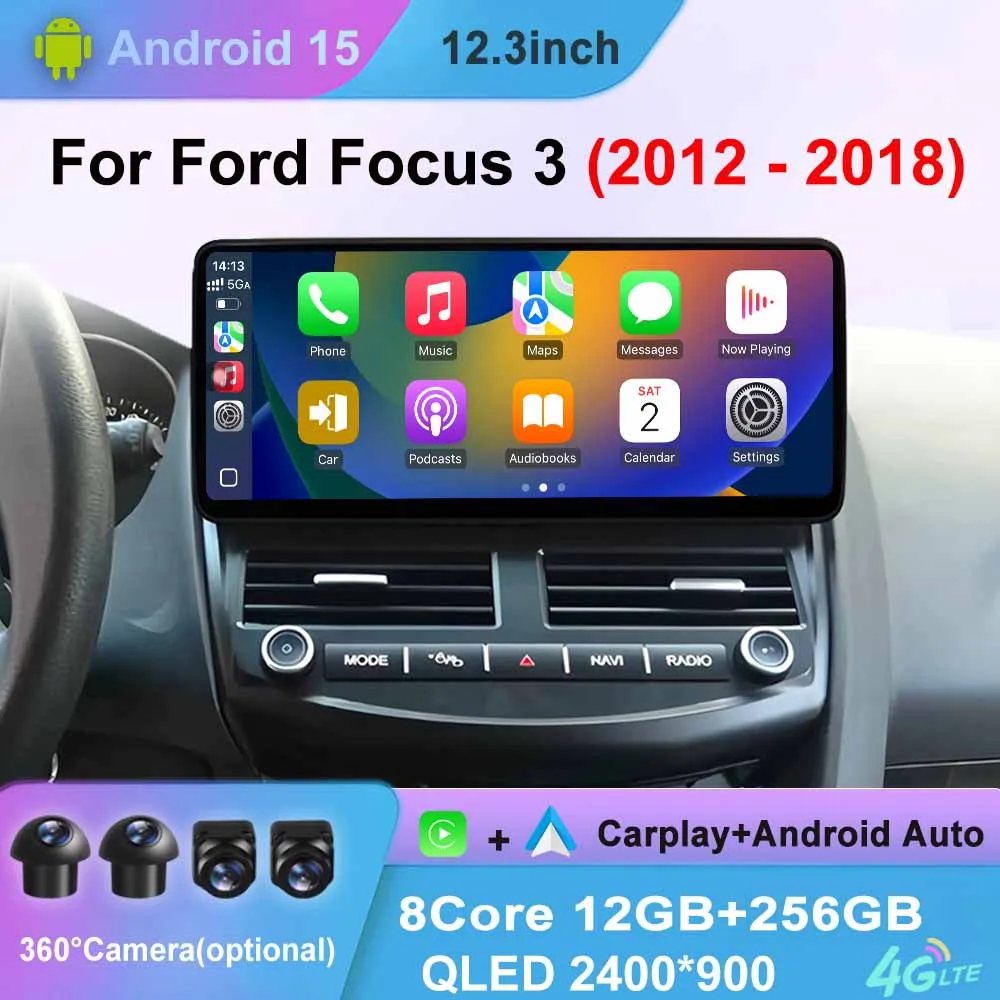 Android15 QLED Touch Screen Car Video GPS WiFi Navigation Multimedia Player Carplay 4G BT 12.3 '' for Ford Focus 3 2012 - 2018
