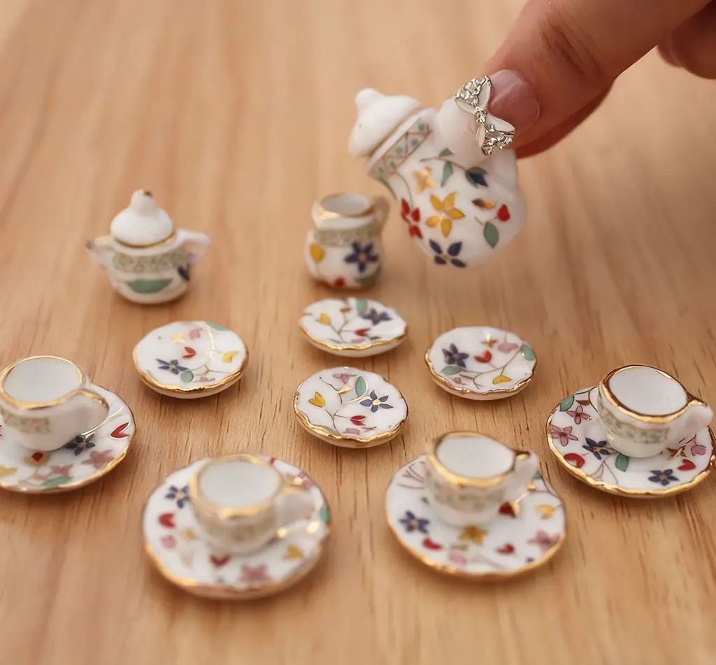 

1:12 Scale Dollhouse Miniature Ceramic Tea Set (17 Pcs) - Tiny Toy Soldiers & Dollhouse Accessories for Miniature Scene