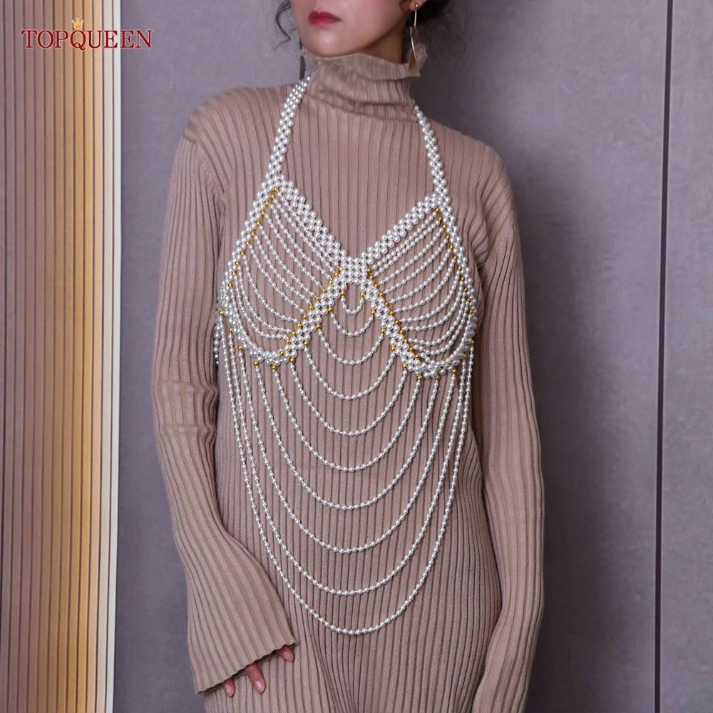 

TOPQUEEN G58 Bridal Wraps Wedding Bolero Beaded Sexy Girl Pearl Top Sheer Cutout Halter Top Sexy Beach DIY Bachelor Party