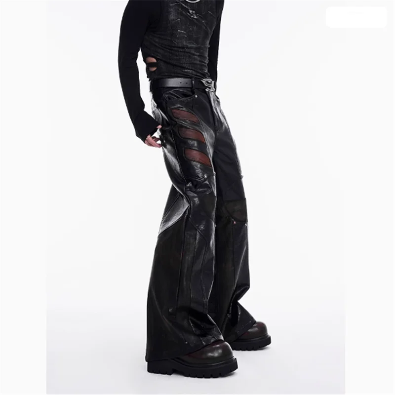 2024 Structure design Splicing bright PU leather straight pants men's autumn and winter heavy motorcycle casual pants