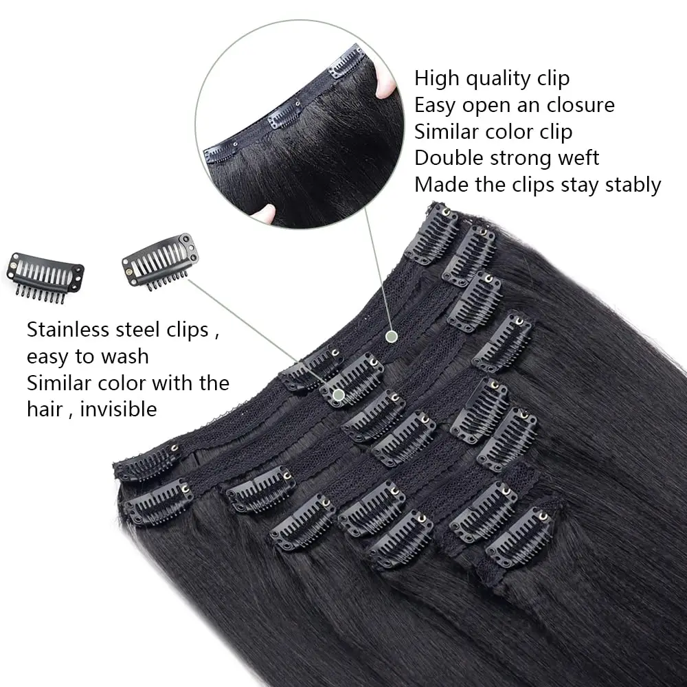 Yaki Straight Clip in Hair Extensions Natural Black Brazilian Virgin Human Hair Kinky Straight Clip in Extensions  for Women