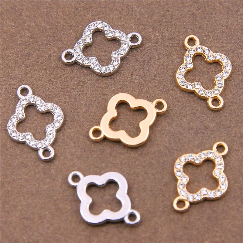 6pcs Filled Plated Rhinestones Double Hanging Four-leaf Clover Pendant Hand Material DIY Bracelet Earrings Connected Accessories