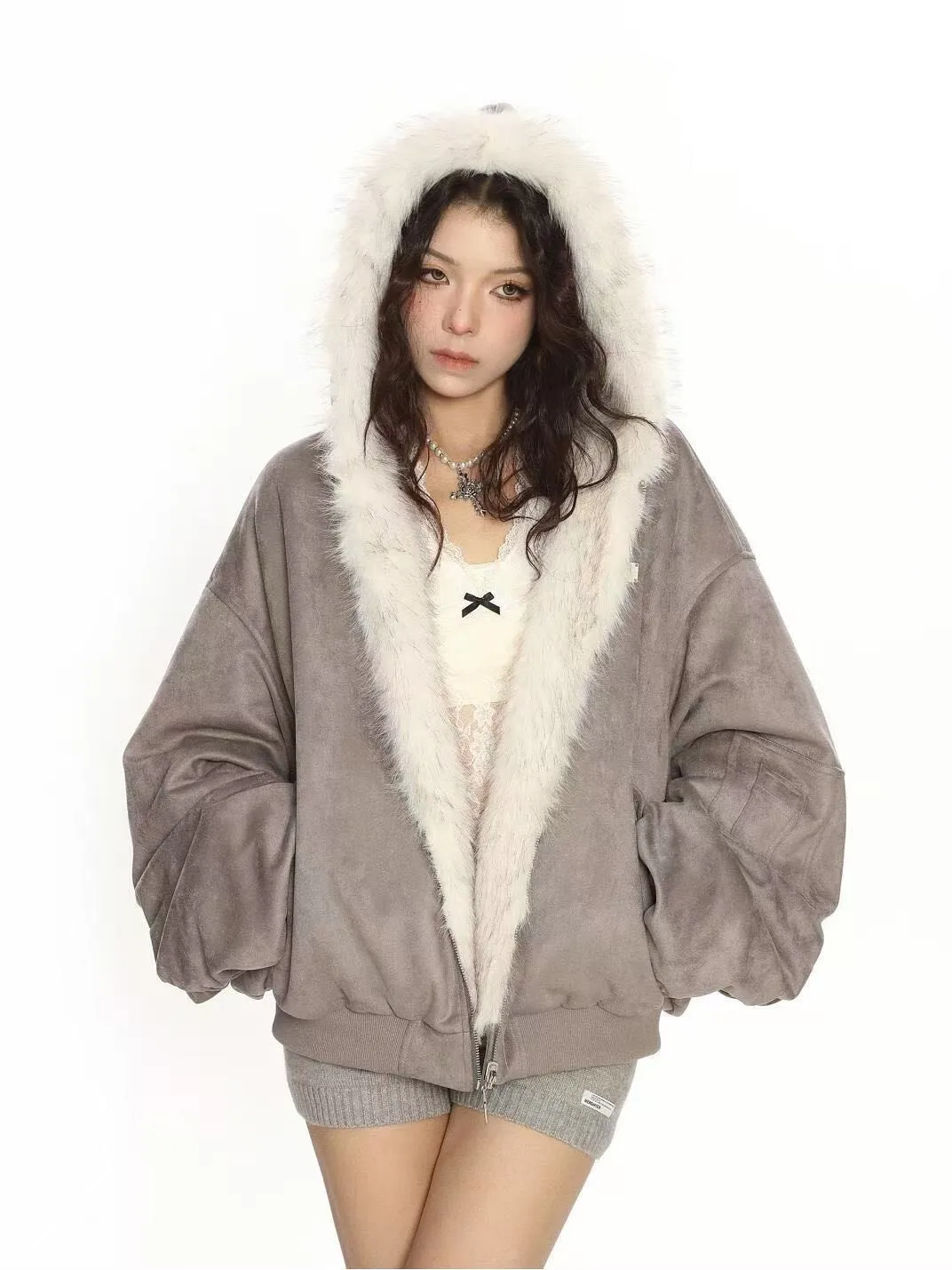 Women  Faux Leather Coat Winter American Retro Fur Coat Women Padded Hooded Cotton-Padded Jacket Plush Casual Harajuku Oversize