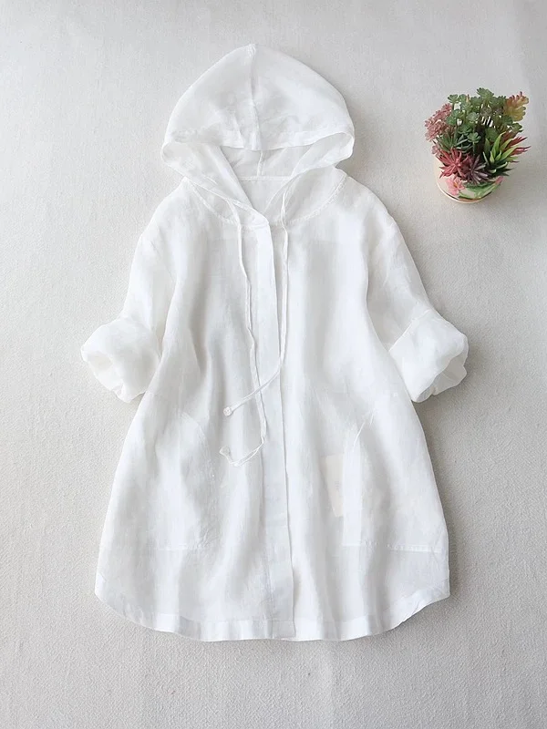 Léger ample Long Sve lin irt décontracté printemps été femmes haut respirant climatisation vêtements d'extérieur chapeau conception