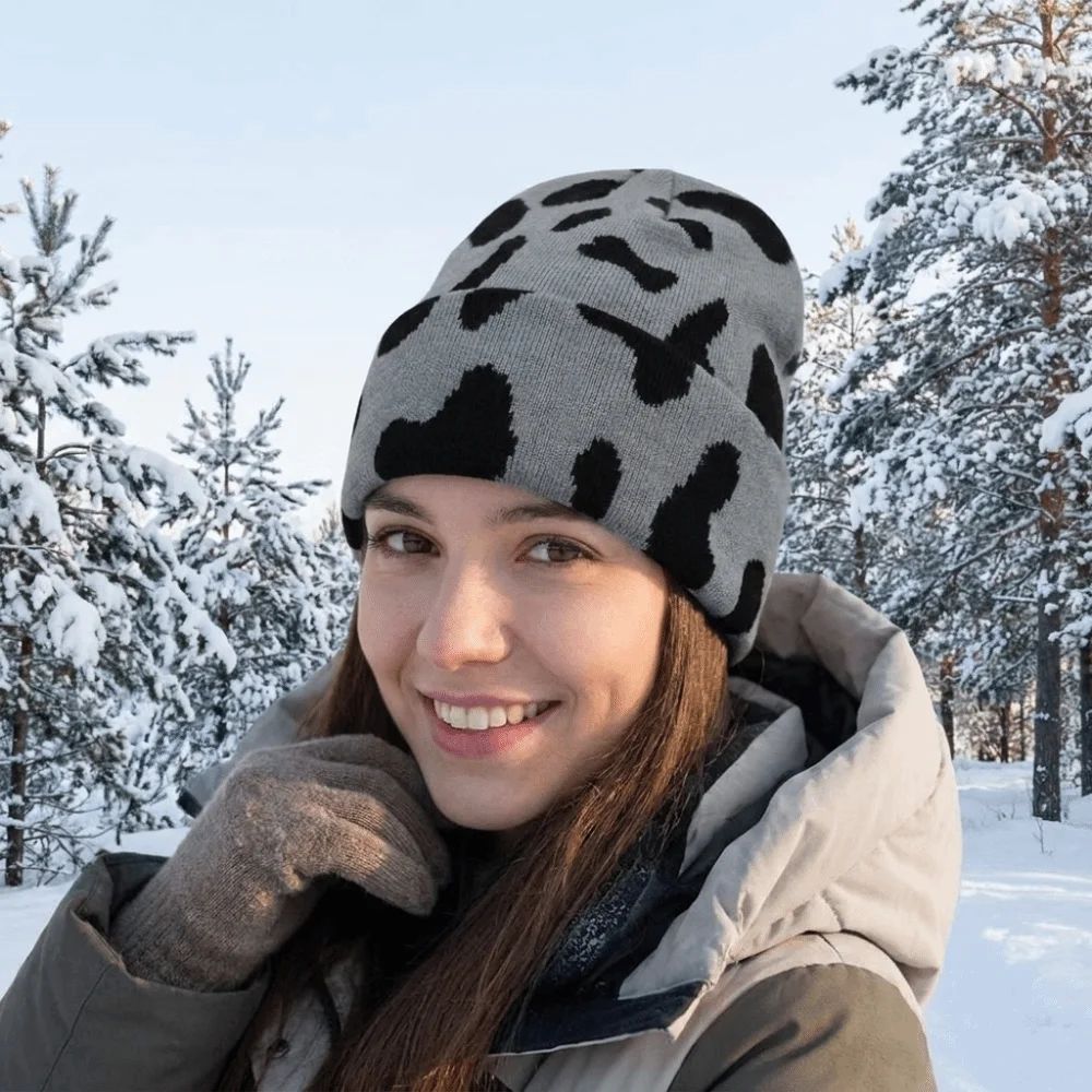 Winter Beanie Hat Thickened Cow Pattern Knitted Ear Protection Elastic Pullover Coldproof Windproof for Skiing Sports Gear