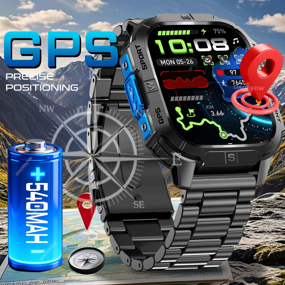 

2026 New Military T-Rex 3 Ultra GPS Smart Watch 540mAh Battery 10ATM Waterproof Compass Flashlight Sports trackr Smartwatch Men