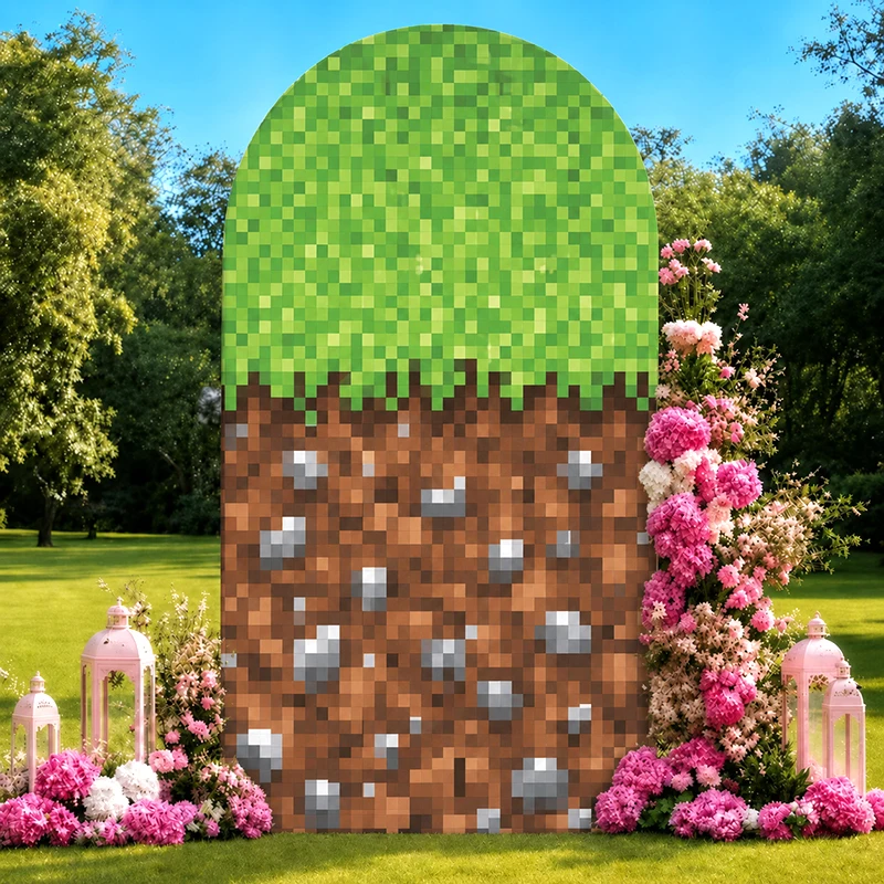 

Retro Pixel World Arch Backdrop Cover Grass & Dirt Block Printed Fabric for Themed Party Gaming Event & Kids Birthday DecorATION