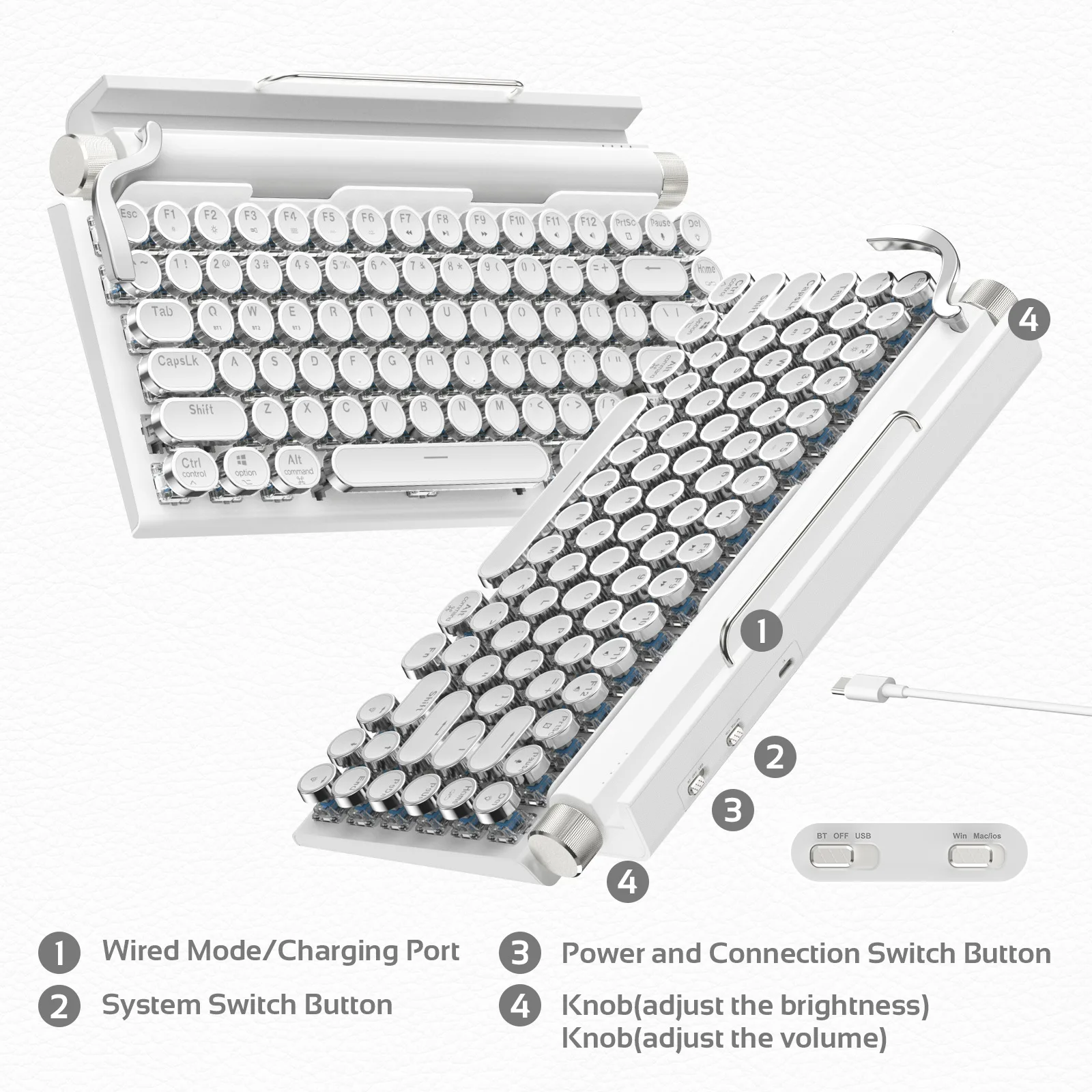 New Dot Pattern Retro Typewriter Mechanical Full Size Backlit USB-C Wireless Dual Mode Keyboard Desktop Mobile Phone Tablet MAC