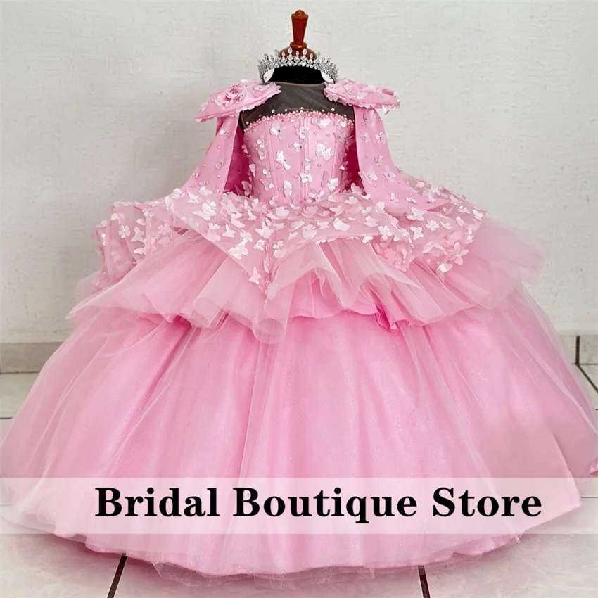 

Luxury 2024 Pink Flower Girls Dress With Two Bows Butterfly Pearls Flowers Beading Cute Child Birthday Party Gown Customized