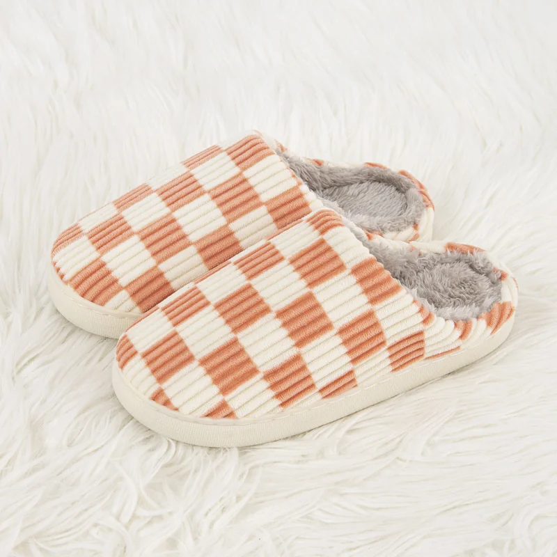 Shoes For Women Winter Home Slippers Checkered Faux Fur TPR Light Sole White Black Chessboard Plaid Shoes Best Gift Woman Shoes