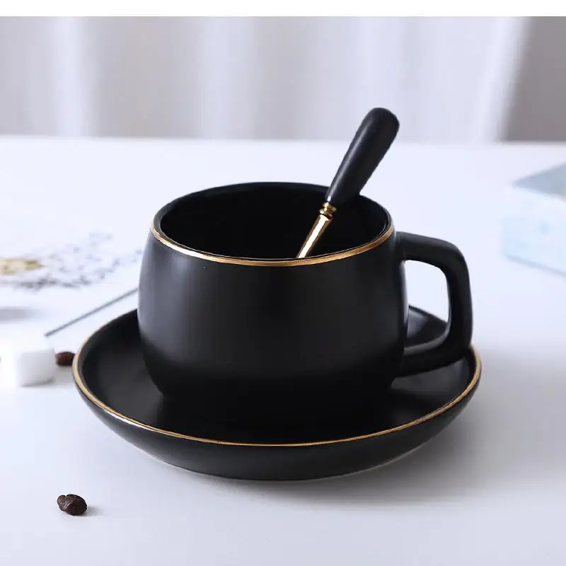 Luxury Ceramic Tea Set Nordic Coffee Cup and Saucer Household Simple Handle Mug Phnom Penh Frosted Black