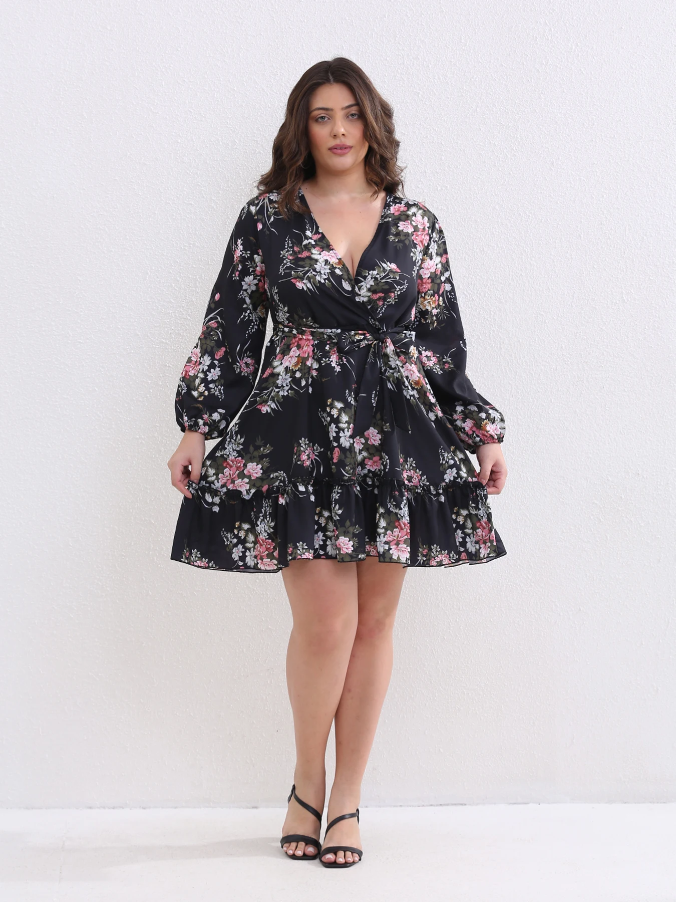 Plus Size Women Flower Print Chiffon Sexy V Neck Out Long Sleeve Dress Female Elegant Party Dresses Wholesale DropShipping