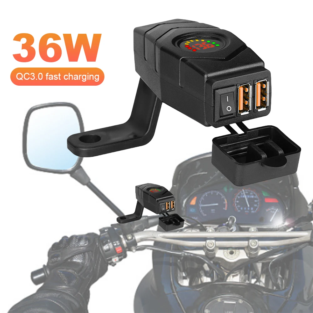 

36W E-bike Handlebar USB Charger with Switch Fast Charging Adapter Colourful LED Voltmeter Dual USB QC3.0 Motorcycle USB Charger