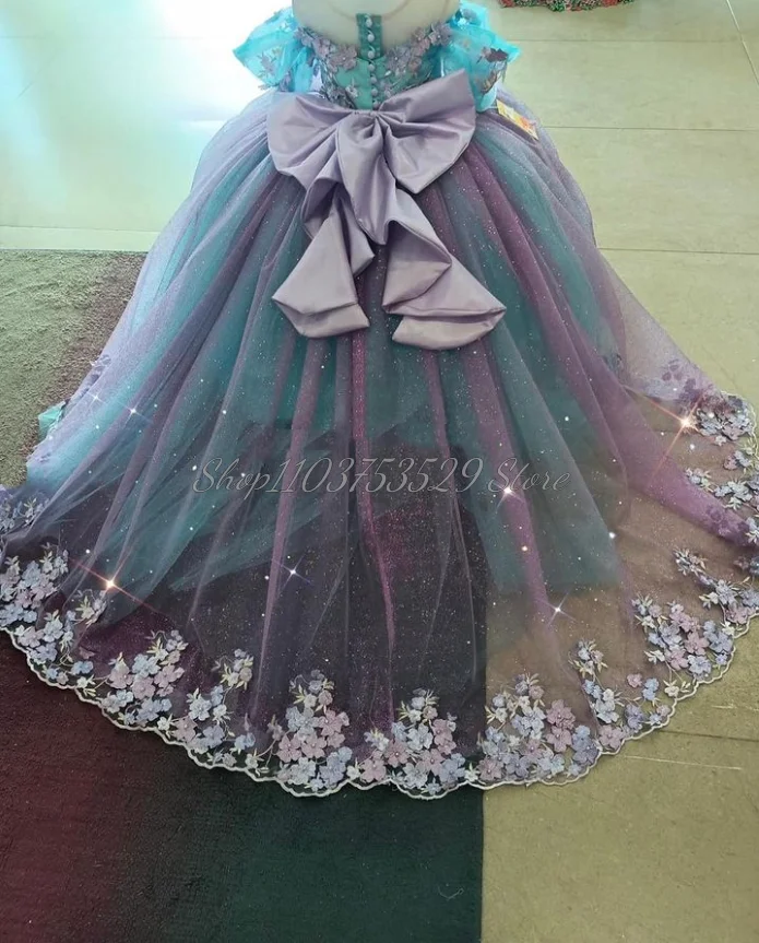 Sparkling Blue Purple Card Shoulder Flower Girl Dresses Exquisite Sequins Floral Tulle Bow Embroidered Little Princess Gowns