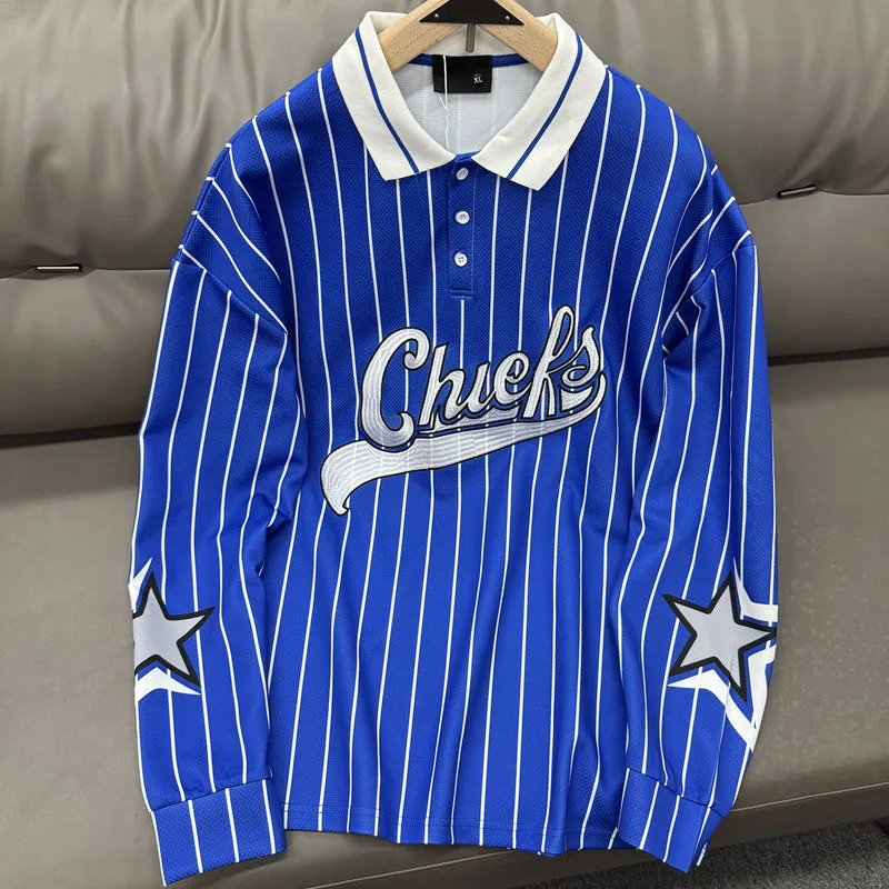 

Light Weight Stripe Long Sleeve Polo Shirt Embroidery Patch Letters Star Print Tops Men Women Quick Dry Breathe Loose T Shirt