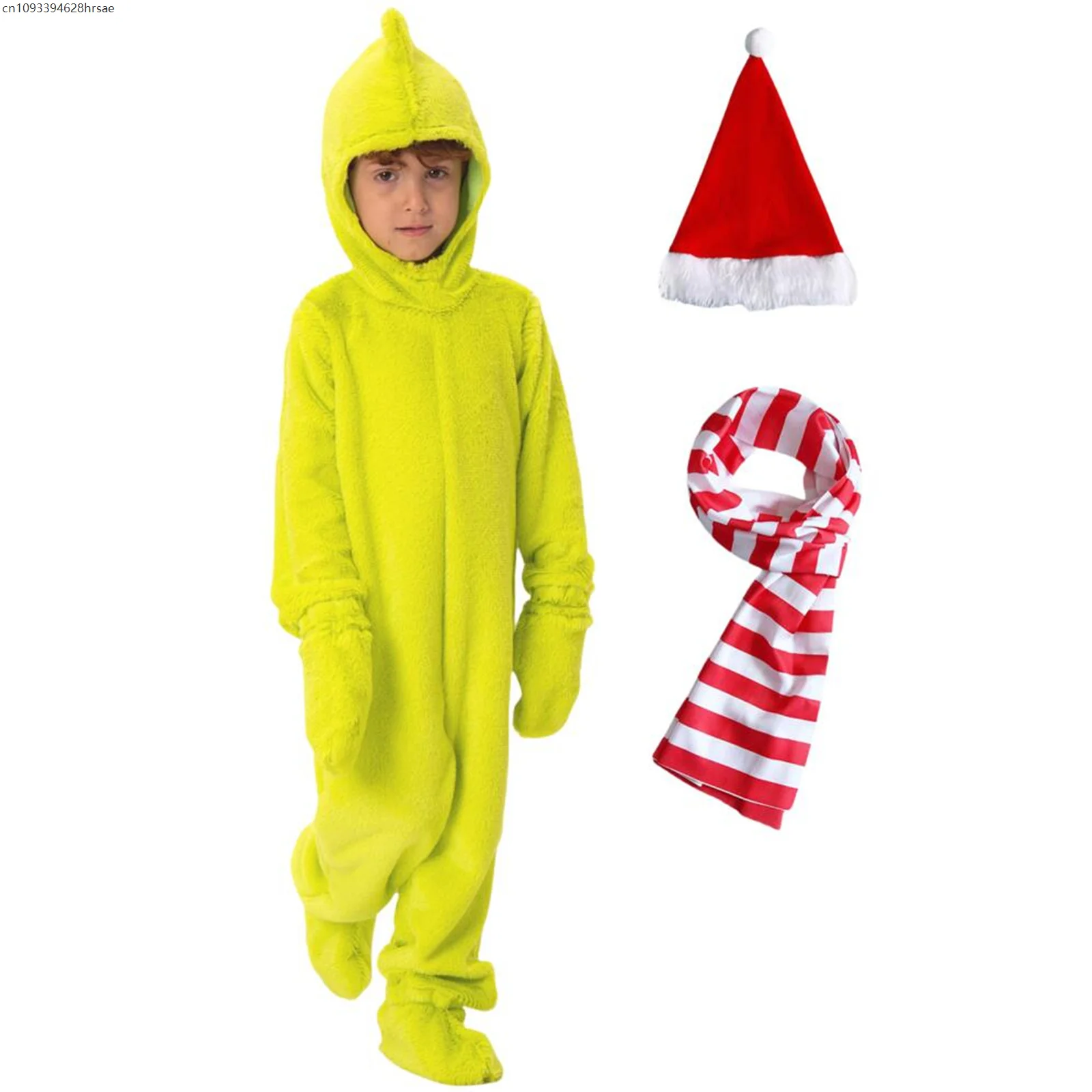 

Kids Christmas Green Cosplay Costumes Soft Long Sleeves Piece Pajamas Costume Jumpsuit Cosplay Party Suit with Hat Scarf