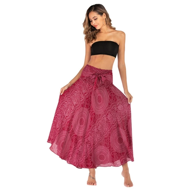 Womens 2 In 1 Bohemian Floral Print Flowy Asymmetric High Waist Beach Long Skirt Casual Self-Tie Halter Strapless Dress