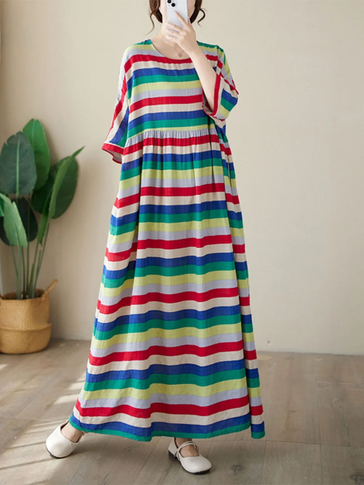 

n Long Skirt Summer Thin Cotton Linen round Ne ort Sve Striped Simple Big Swing Soft Maxi Dr Commute Sle