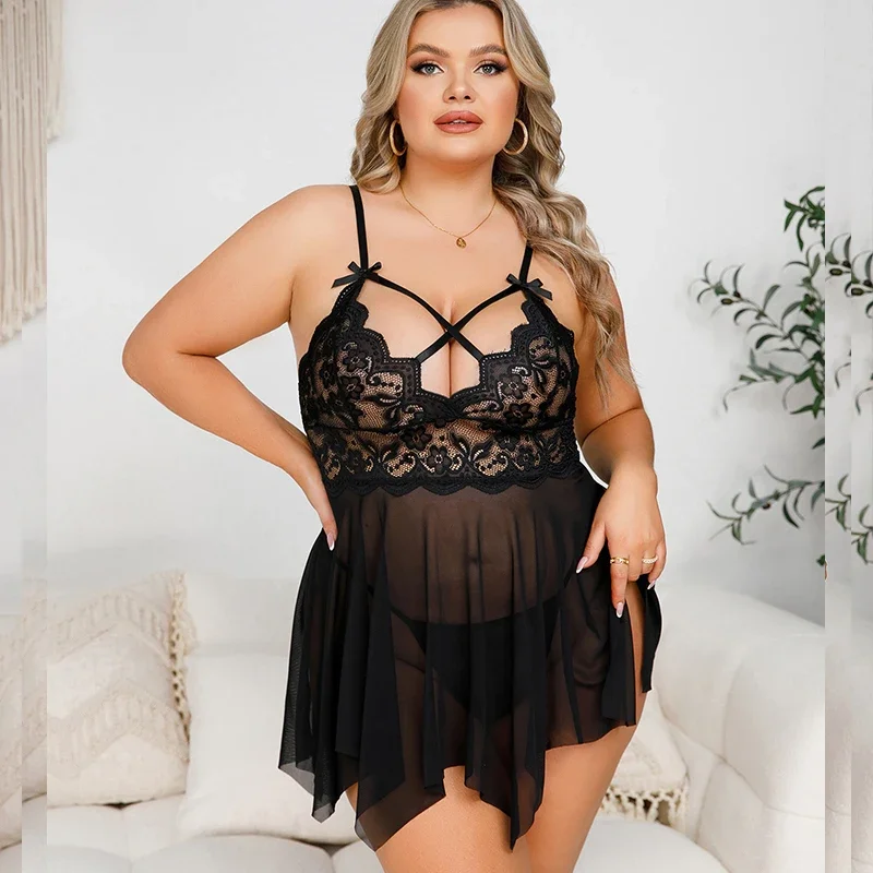 Sem mangas plus size senhoras camisola cor sólida transparente vestido curto feminino sutiã vermelho com calcinha sexy babydoll pijamas conjunto