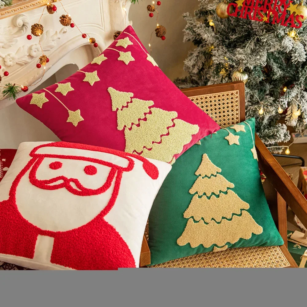 

Cross border Santa embroidery pillow case Velvet Christmas tree pillow living room sofa bay window pillow cushion