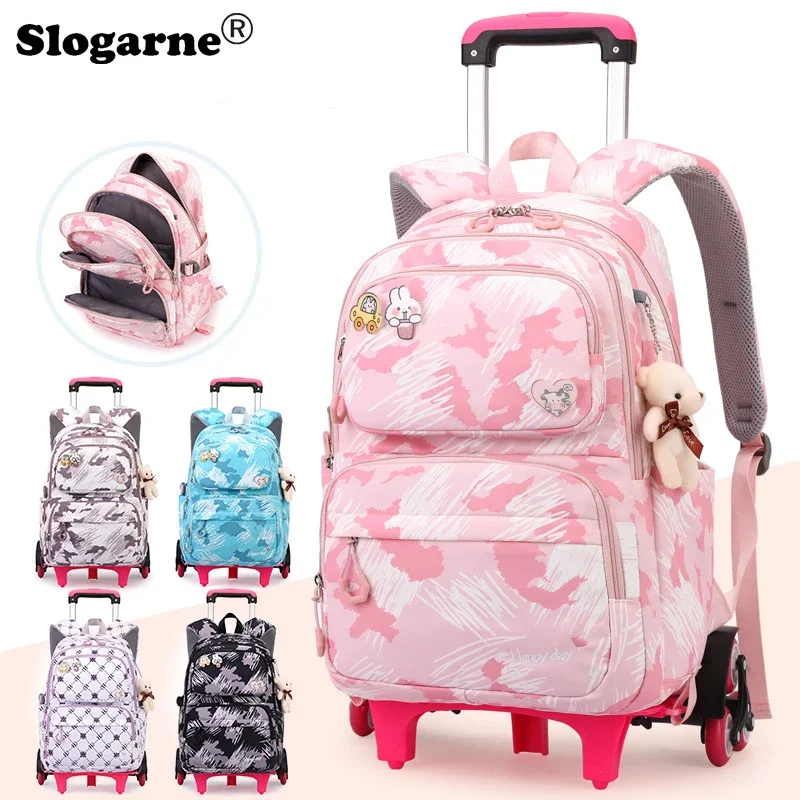 

2024 Children School Trolley Backpack Lightweight Rolling Wheeled Backpacks for Girls Kids Primary School Backpack Child Bookbag