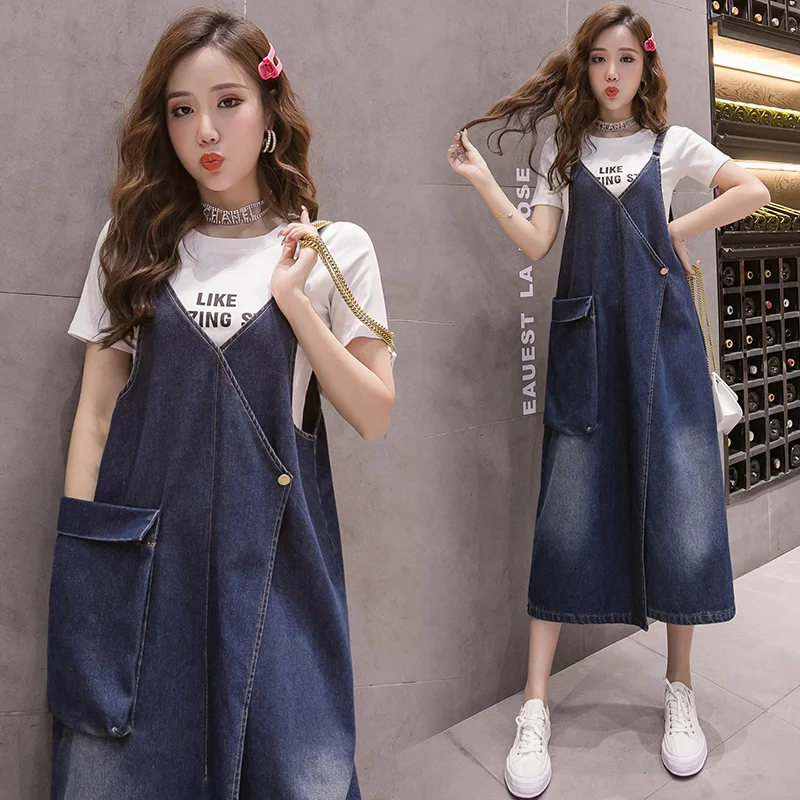 Long Knee-Length V-Neck Denim Halter Dress Korean Style Wide Leg Casual Summer Fashion Women's Vest Skirt Original Design