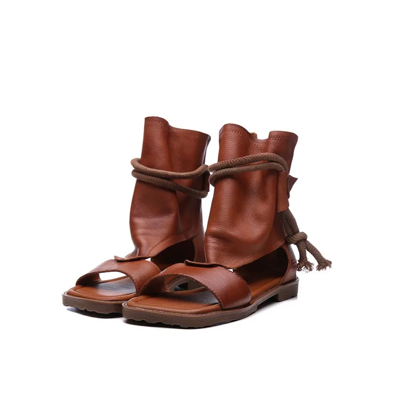 New Style Stringed Back Zipper Comfortable Flat Bottom Retro Soft Leather Low Heel Openwork Breathable Roman Sandal for Women view 2