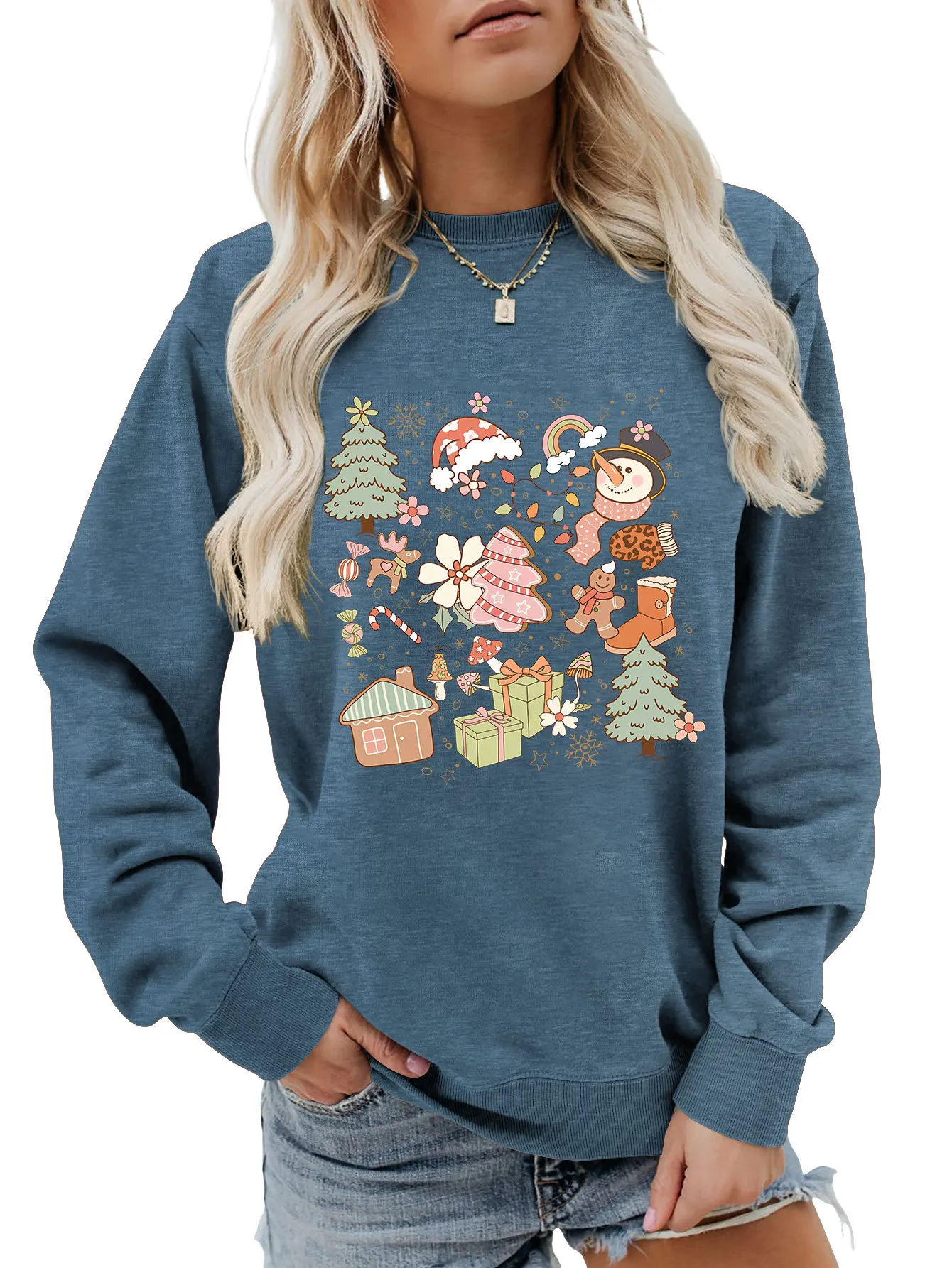 Autumn new Christmas tree deer snowman flower light bulb printed ladies hoodie casual crew-neck long-sleeved top with all fashio