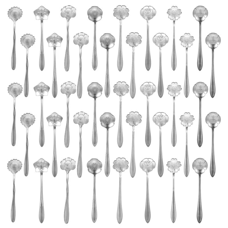 ABVA-Floral 5-Inch Silver Spoons Set, 40Pcs Stainless Steel Coffee And Dessert Spoons For Tableware In Cafes And Kitchens