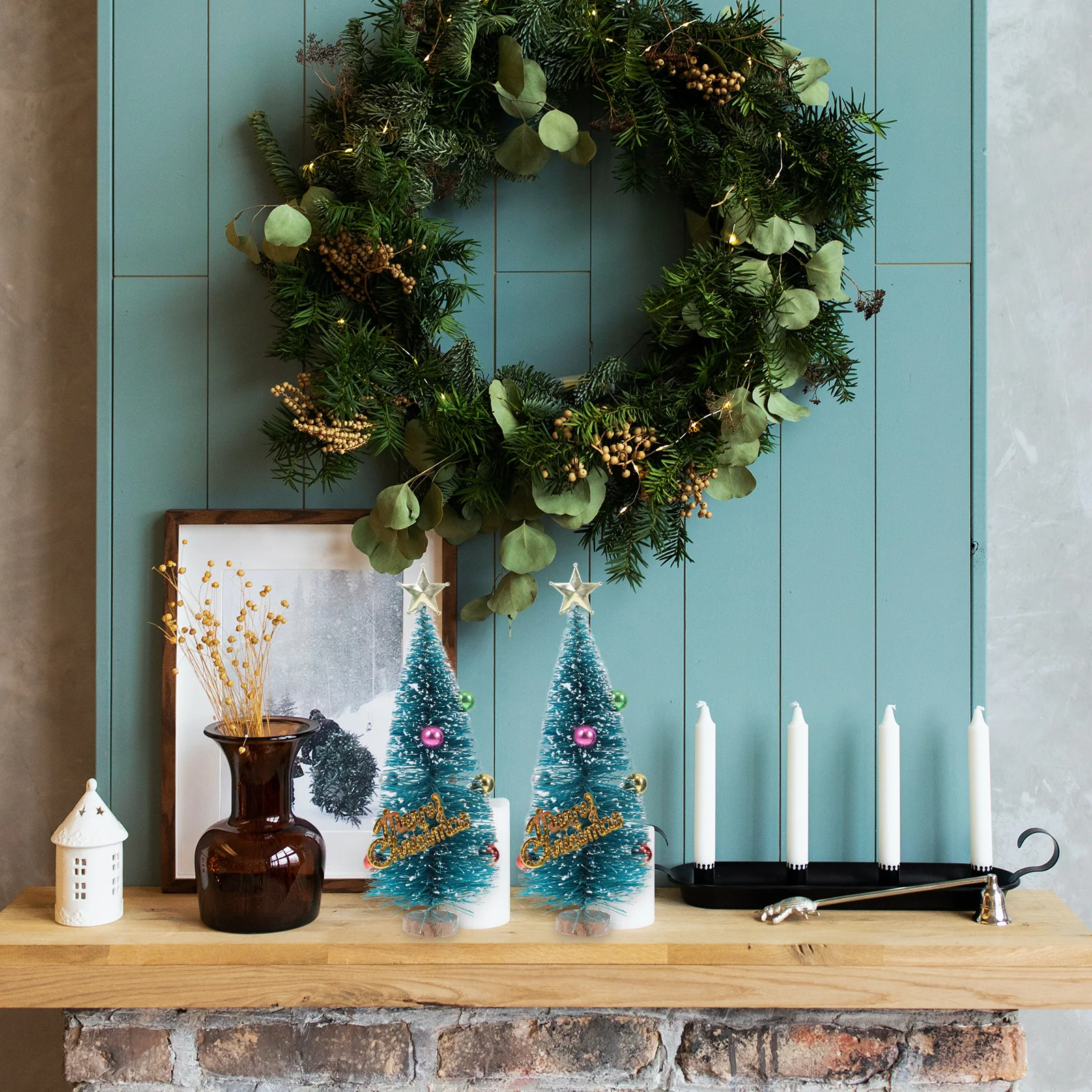 

2 Pcs Decorations Christmas Tree Ornaments Tabletop Mini Desktop Blue House Accessories Home