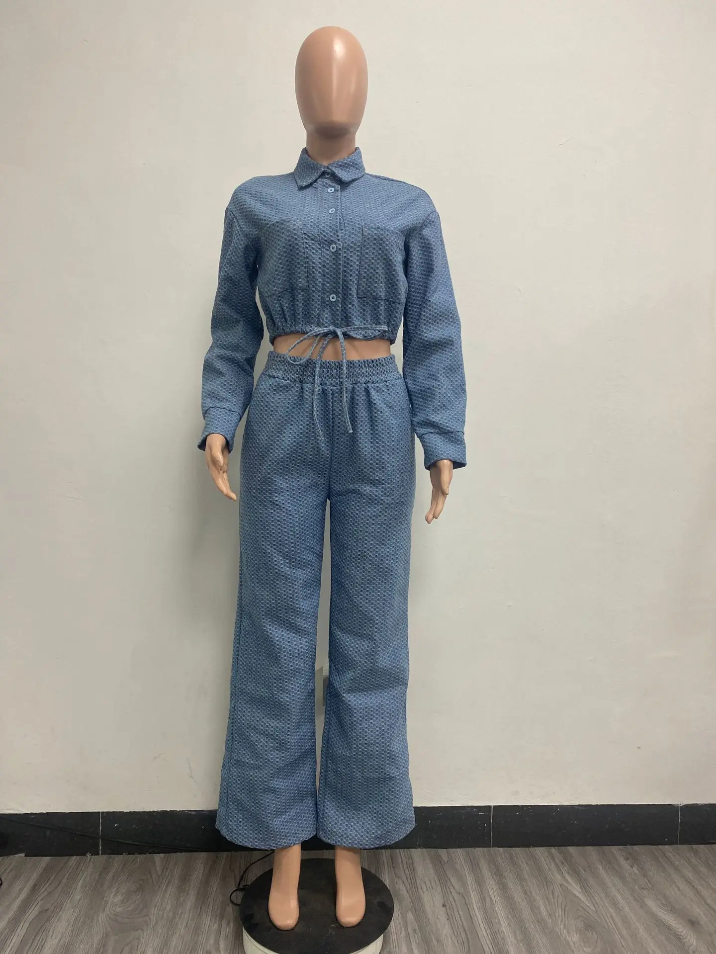 Fall Winter Women Two Piece Set Denim Jacket & Wide Leg Jean Fashion Casual Ladies Long Sleeved Coat And Loose Trousers Outfits