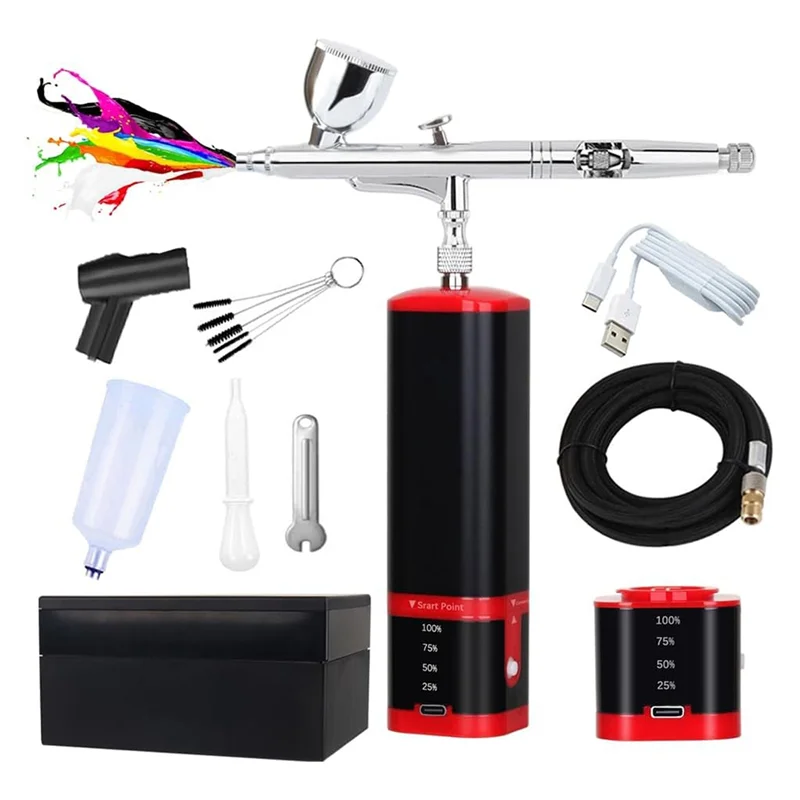 AB45 Kit Airbrush Baterai Ekstra Aksi Ganda dengan Set Sikat Udara Tanpa Kabel Baterai Dapat Diganti Kompresor untuk Manikur, Lukisan