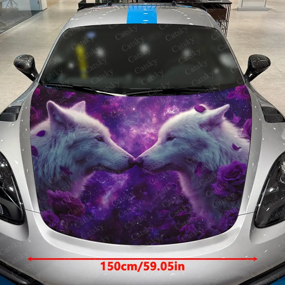 Purple Rose And Two Wolves Car Vinyl Film, PVC Waterproof Car Hood Sticker, Self-adhesive Scratch Resistant Sticker, Suitable Fo