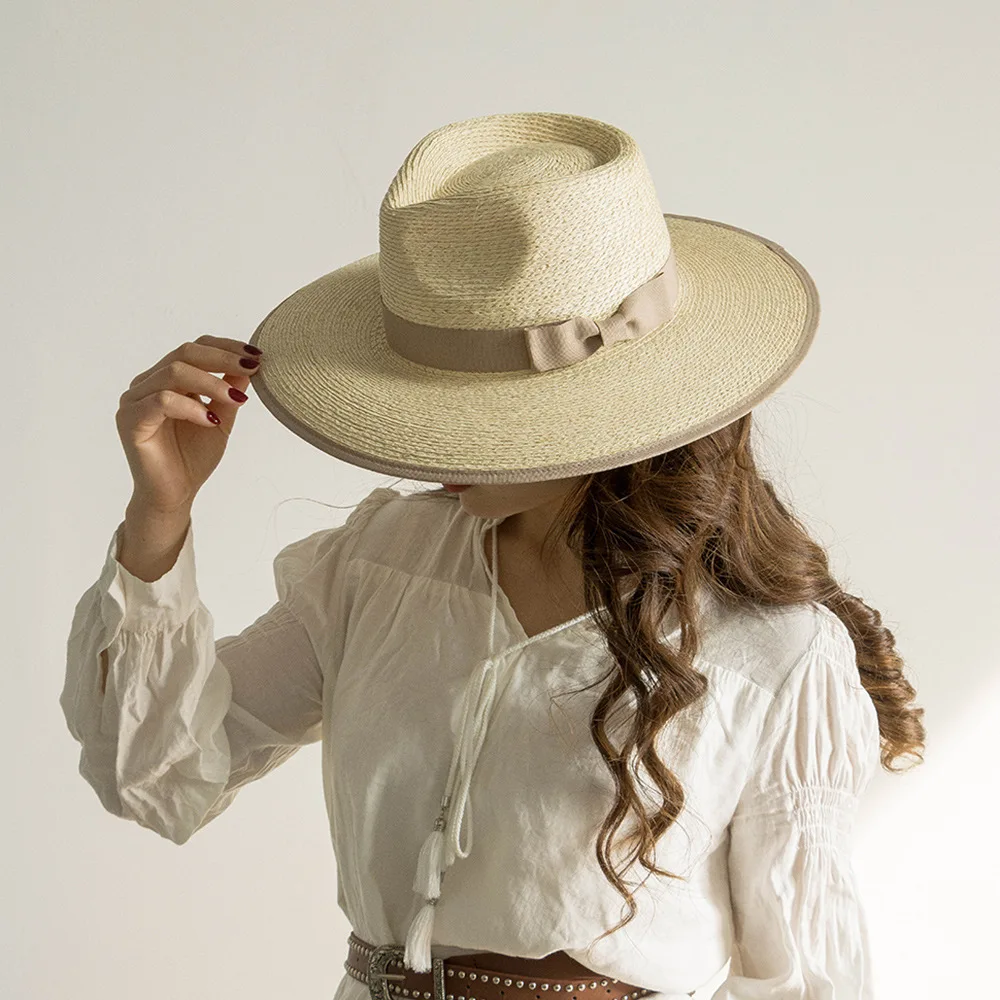 USPOP New Summer Sun Hats Natural Straw Fedoras Fashion Casual Bow Ribbon Hemming Palm Leaf Wide Brim Jazz Straw Hat